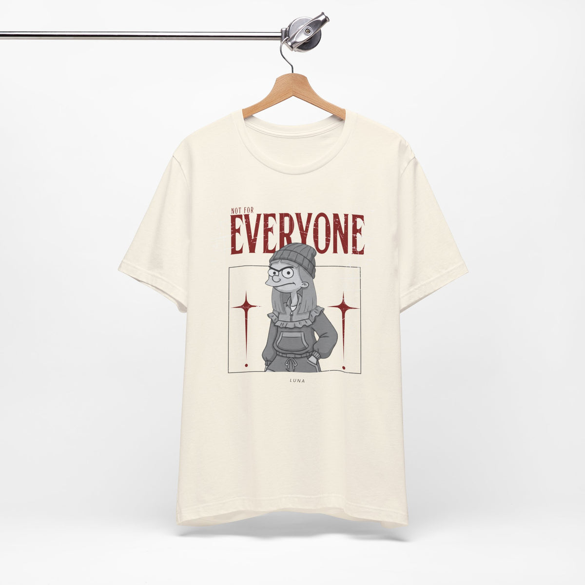 Not For Everyone Tee — Grayscale Cartoon Girl with Red Stars