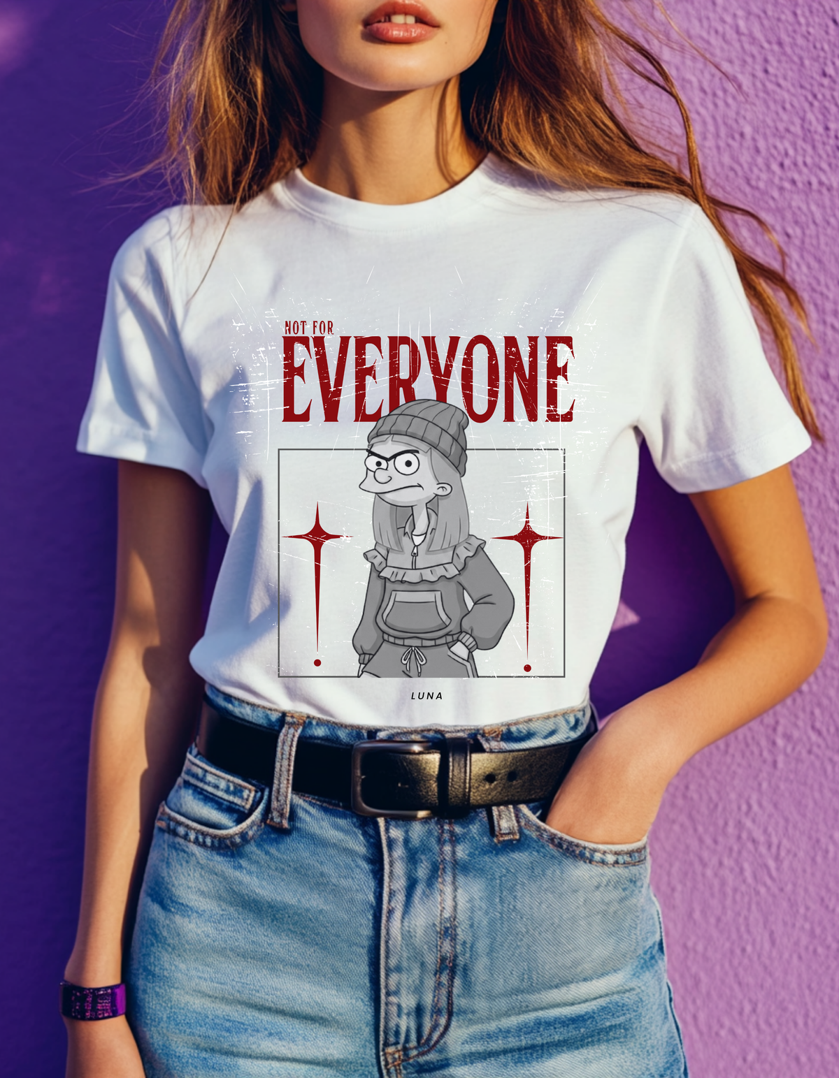 Not For Everyone Tee — Grayscale Cartoon Girl with Red Stars