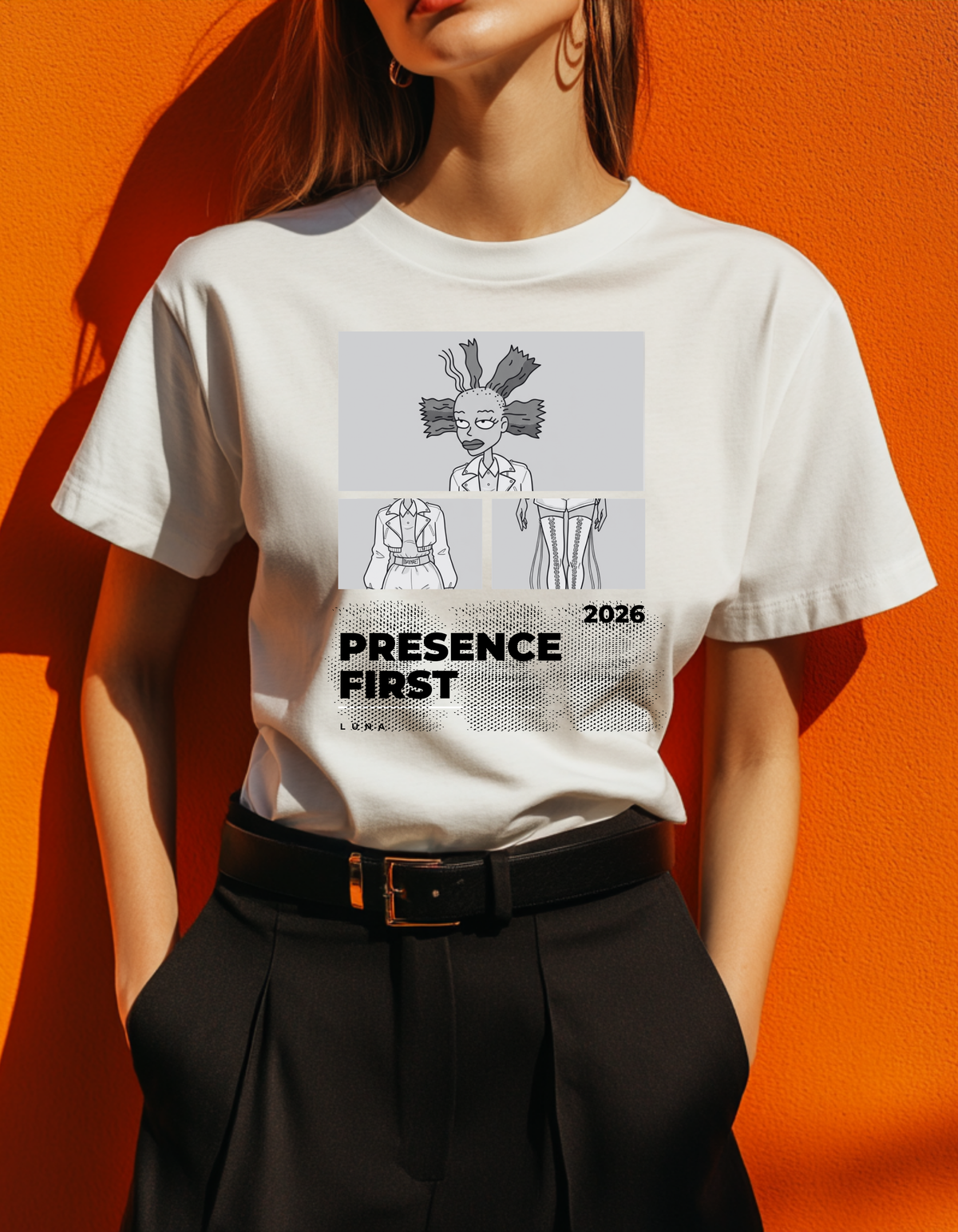 Presence First Tee — Monochrome Editorial Fashion Tee