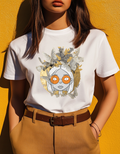 Retro Botanical Girl Graphic Tee — Orange Glasses Art T-Shirt