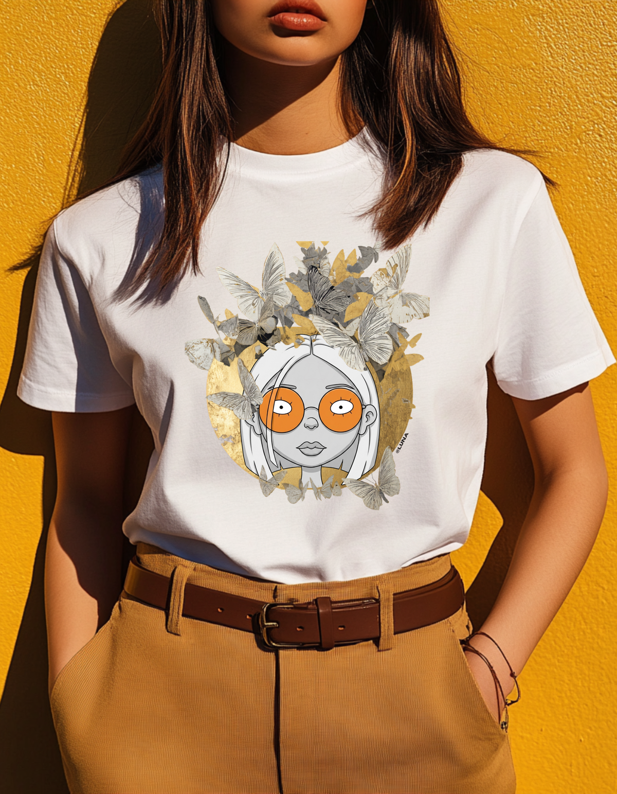 Retro Botanical Girl Graphic Tee — Orange Glasses Art T-Shirt