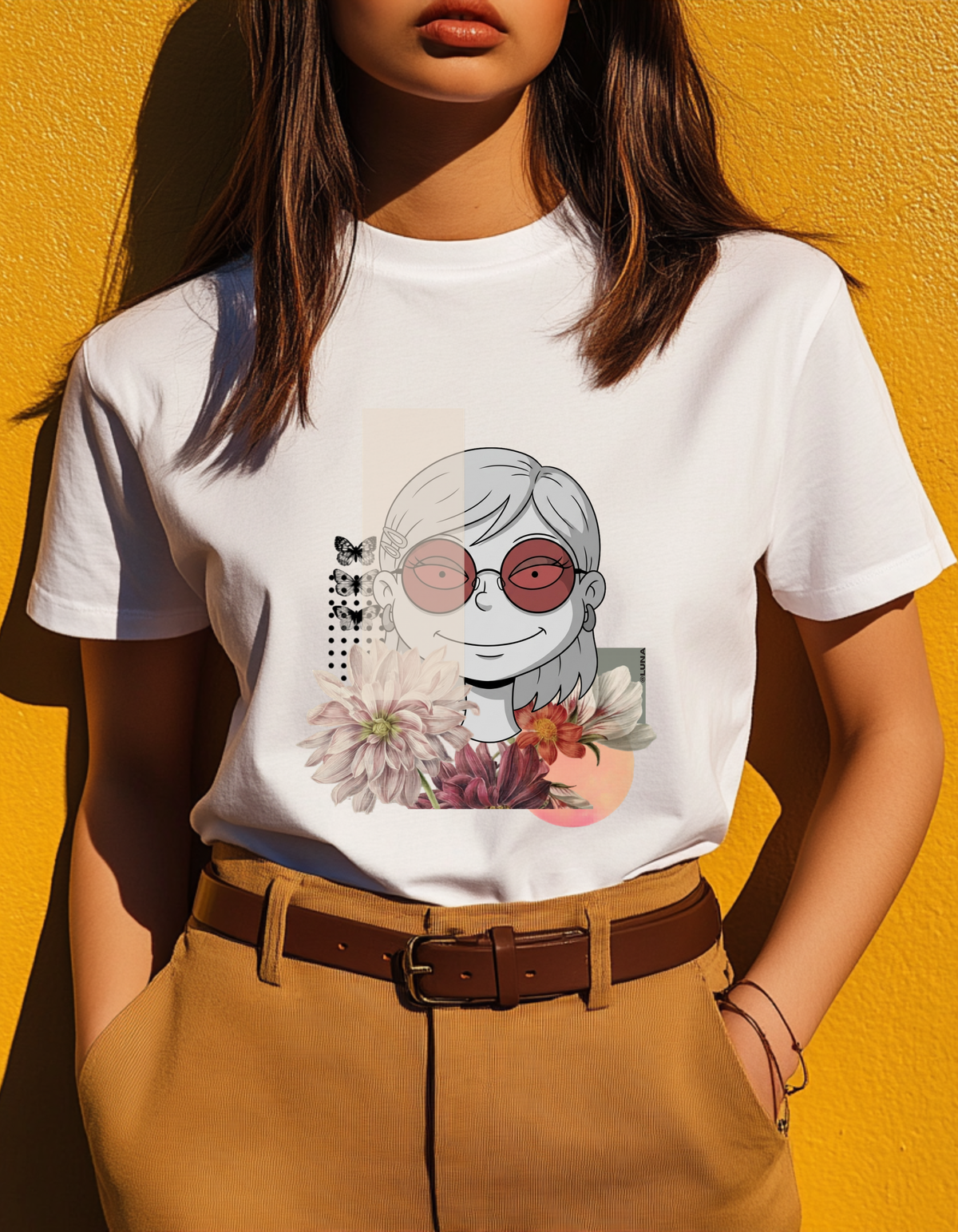 Retro Floral Girl T-Shirt — Vintage Vibe Graphic Tee with Sunglasses & Blossoms