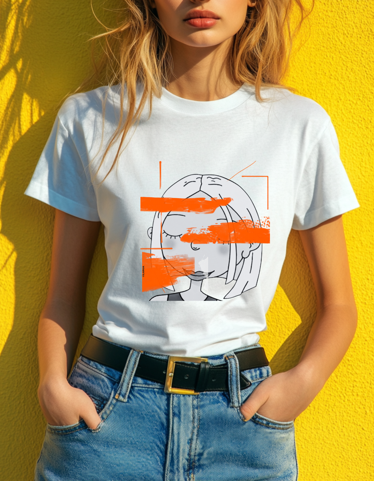 Abstract Fashion Girl Tee — Orange Paint Stroke Graphic T-Shirt
