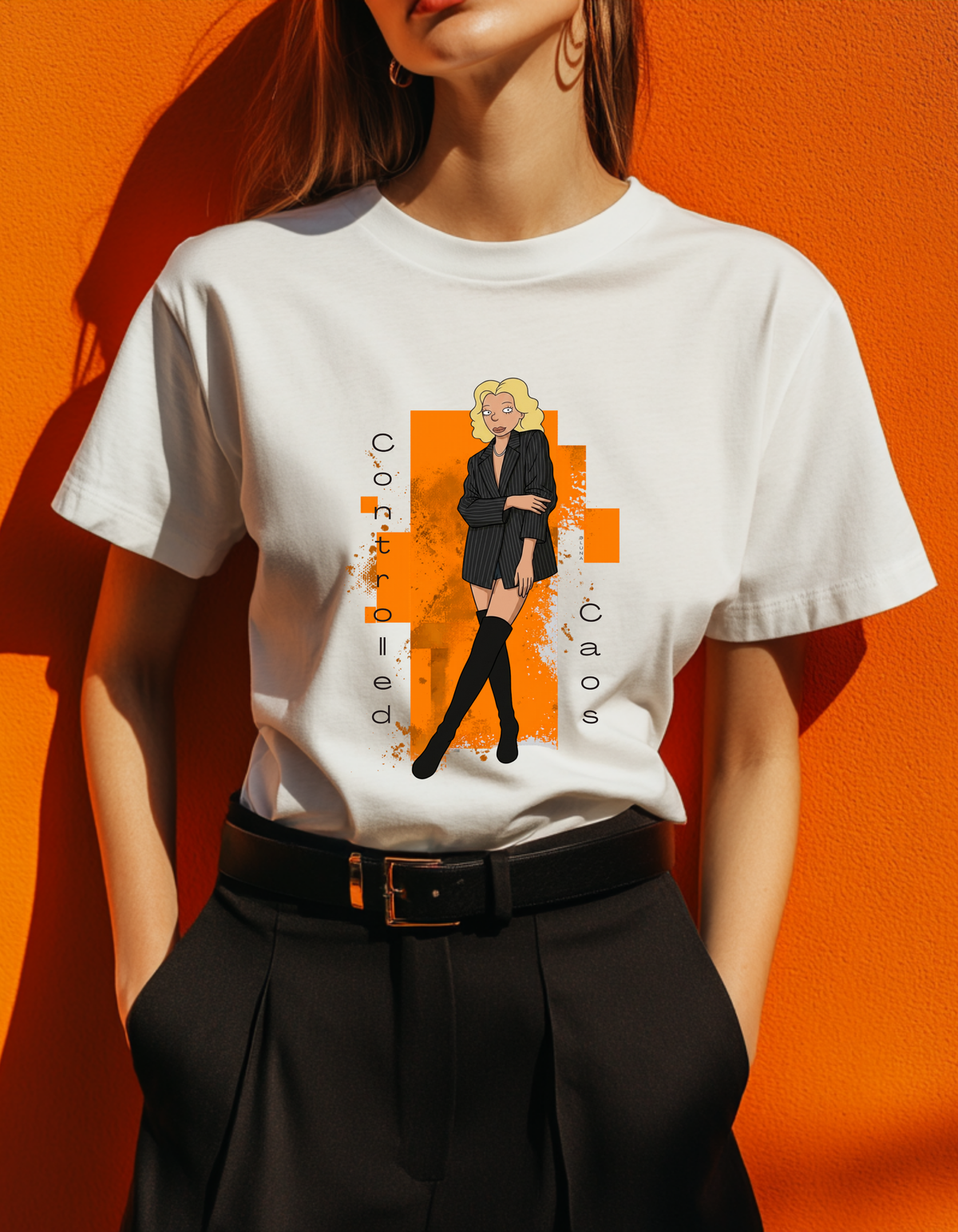 Controlled Chaos Graphic Tee | Pinstripe Blazer Fashion Illustration Shirt