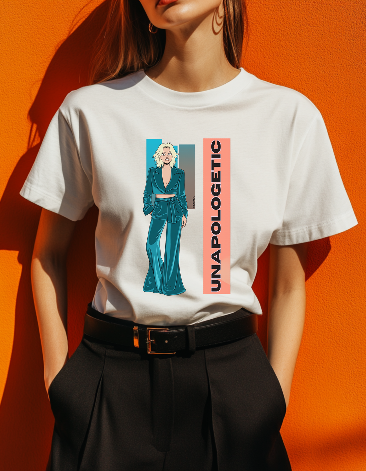 Unapologetic Graphic Tee | Teal Satin Suit Fashion Illustration Shirt