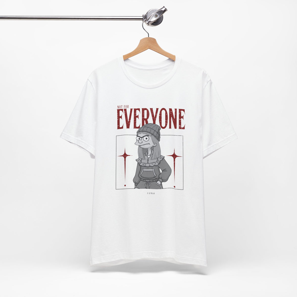 Not For Everyone Tee — Grayscale Cartoon Girl with Red Stars